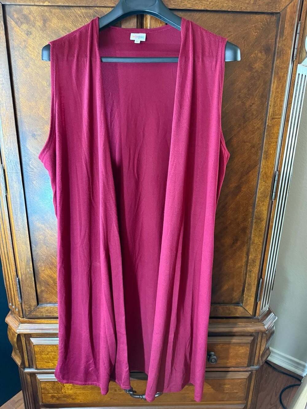 LuLaRoe Burgundy Red Sleeveless Long Draped Open Front Cardigan Vest XL